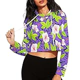 Poceacles Kapuzenpullover für Damen, Workout, bauchfreies Oberteil, Sweatshirt, lässig, bauchfrei, mit Kapuze, modischer Pullover, langärmelig, Kordelzug, Lila Hibiskusblüten, 4XL-5XL