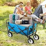 Zusammenklappbarer Station Wagon Outdoor All Terrain Trolley, Faltbarer Bollerwagen Handwagen Gartenwagen, Getränkehalter aus Mesh, verstellbare Griffe, Stofftasche (Blau)