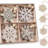 SWAWIS 20 Stück Schneeflocken Weihnachtsschmuck Holz 7x7cm Christbaumschmuck 4 Designs (5 STK) mit Jute Schnur Holzschmuck Weihnachtsbaum Schmuck Weihnachtsbaumschmuck Anhänger