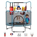 Trampolin für Kinder, 152 cm, Mini-Trampolin-Haus mit Netz, Schaukel, Basketballkorb, Dartscheibe, Gymnastikstange, Geburtstagsgeschenke für Jungen und Mädchen im Alter von 3–12 Jahren (Blau, 150 x
