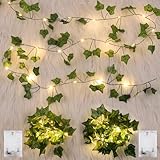 2 Stück LED Lichterkette Efeu Künstlich, GuKKK 2M Fake Efeu Girlande mit 20 LED-Licht Batterie, Lichterkette mit Blättern, Efeu Künstlich mit Lichterkette, für Innenberei,Hochzeit,Party Deko(Warmweiß)