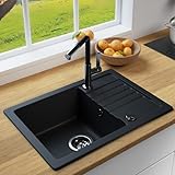 LINDBERGH® Granit Spüle + kompl. Siphon und Imprägnierung mit Abtropffläche, Einbauspüle Küchenspüle Spülbecken - Verbundstoffe MADE IN GERMANY (SIM44-620 x 440 mm (Schwarz))