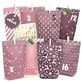 AMARI ® Adventskalender zum Befüllen Nr. 14 Midnight Rose - 24 Papier Adventstüten (mit Holzklammern) zum Basteln für Weihnachten - Papier Weihnachtstüten