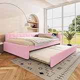 Daybett, 140*200cm Tagesbett, Schlafsofa, Bett mit Lattenrost (ohne Matratze), mit Nachttischlampe, mit multifunktionalem Ausziehbett, USB-Anschluss, Typ-C, Komfortmaterial, Vliesimitat, Rosa