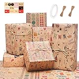 yeestone Geburtstags-Geschenkpapier, 6 Stück, Geschenkpapier, recycelbares Geschenkpapier mit doppelseitigem Klebeband und 10 m Strohseil, braunes Geschenkpapier für Männer, Mädchen, Kinder, 70 x 50