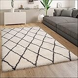 Paco Home Teppich Wohnzimmer Hochflor Schlafzimmer Weich Shaggy Flokati Rauten Skandi Muster Modern Creme Weiß, Grösse:80x150 cm
