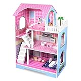 LILIIN Puppenhaus aus Holz, Dollhouse Holzpuppenhaus MDF und Puppenstube, Puppenvilla 3 Etagen Haus, Puppenhäuser inkl. Möbel, Zubehör, für Kinder, Mädchen (Typ B, 70x30x100cm)