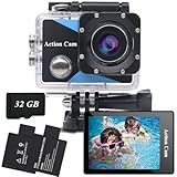 Nvgfelis Action Cam FHD 1080P mit 32GB Speicherkarte, Unterwasserkamera wasserdicht bis 30M, Actionkamera mit 2×900 mAh wiederaufladbare Akkus und Zubehör-Set(1080P＋32GB