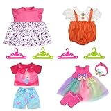 Xerteam 4 Pack Neue Puppenkleidung für Süße Babymädchen, 36-40cm Babypuppen Kleidung, 2 Bunte Kleider 1 Overall 1 Oberteil Shorts Stirnband Socken 4 Kleiderbügel, Puppenzubehör Kinder Geschenk