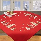 Ernst Schäfer Stickpackung TANNENBAUM rot, komplettes vorgezeichnetes Kreuzstich Tischdecken Set, Winter Stickset mit Stickvorlage für Erwachsene, Sticken zur Adventszeit und Weihnachten