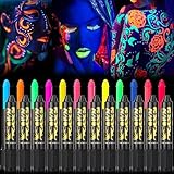 12 UV Neon Körperfarben Schmink, Waschbar Schminkstifte Schminkfarben, Face Paint Schminkset, ungiftige Neon-Gesichts- und Körpermalstifte für Karneval-Maskerade Party Make-up