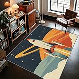 AevuCub Rakete Deko, Universum Planet Kinder Junge Teppich 100x150 Kurzflor, Teppich Wohnzimmer Retro Weltall Motiv, Weich rutschfest Waschbare Teppiche, Bettvorleger Schlafzimmer Kinderzimmer