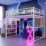 Oxtao Hochbett 140x200cm, Metallbett mit LED-Leuchten, Ablageleiter & Schreibtisch & Kleiderschrank & Regale, Funktionsbett Spielbett für Kinder und Jugendliche, ohne Matratze (Weiß, 140x200CM)