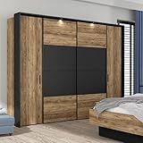FORTE JABIM Schrank 280, Kleiderschrank mit Passepartout und LED Beleuchtung, Schwebetürenschrank groß Schlafzimmer 4-türig Holzdekor: Alpenfichte/Schwarz, 279 cm breit x 215 cm hoch x 64 cm tief