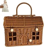 Rattan-Erntekorb in Hausform mit Deckel, Picknickkorb und Aufbewahrungs-Organizer mit Griff und Knopfverschluss für Garten und Zuhause (Braun)