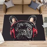 HYGIUID Bulldogge Teppich für Flur, 70 x 120 cm, französische Bulldogge, Läufer für Küche, Musik-Kopfhörer, Hundedruck, Korridor, Kurzflor-Teppich, rutschfest, für Kinderzimmer, Schlafzimmer