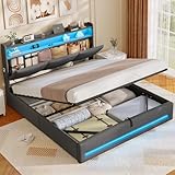 AOGLLATI Polsterbett 140×200 mit Steckdosen und LED-Beleuchtung, Doppelbett mit Stauraum Kopfteil, Bett 140×200 mit Hydraulische Stauraum und Lattenrost aus Holz, Linen, Dunkelgrau（Ohne Matratze）