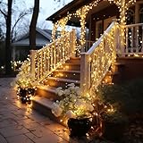 Solar Lichterkette Außen 66FT LED Solarleuchten IP67 Wasserdicht Warmes Licht + Kaltweiß Licht 8 Blinkmodi Fernbedienung für Garten Weihnachtsdekoration