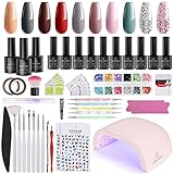 Gel Nagellack Set mit UV Lampe, Kastiny 72W LED Nagellampe Gelnägel Set Komplett mit Top & Base Coat, 10 Farben Gellack Starterset Grau Rosa Brown Rot Glitzer für Nagelstudio Nageldesign