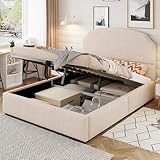 NNJN Polsterbett 140 * 200, Ausgestattet mit hydraulischer Staufunktionund Stauraum, Doppelbett,Weicher gestreifter Plüschstoff,mit EIN breites Kopfteil (beige)