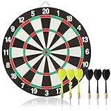 com-four® 7-teiliges Dart-Set, Klassische Dartscheibe mit 6 Steel-Darts (Metall) in 2 Farben, Dartboard und Pfeile, Rückseite ist Zielscheibe (40.5cm)