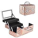 GIANTEX Kosmetikkoffer mit Spiegel, Beauty Make-up Case Schminkkoffer aus ABS und Aluminium, 2 ausziehbare Ablagen, ausklappbarer & tragbarer Etagenkoffer Friseurkoffer Multikoffer (Rosegold)