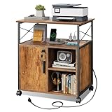 DEVAISE Druckertisch mit Ladestation, Rollcontainer mit Rollen und offenen Ablagen, Druckerschrank abschließbar für Büro und Home Office, Retro Braun