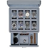 ROTHWELL Luxus-Uhrenbox für 8 Uhren, Schatulle für Uhren aus Kunstleder mit Echtglasdeckel, Schublade für Zubehör mit mehreren Fächern, Arctic Mist