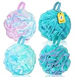 Luffa-Schwamm, extra groß, Set mit 4 Stück, 75 g/Stück, weicher Körperschrubber, Badeschwamm für Damen und Herren, Haargummi, Netz-Pouf, Badezimmer-Schwamm, Hautpeeling