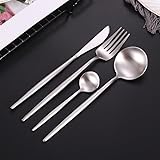 Silberbesteck 2er-Set, 8-teilig, portugiesisches Messer, Gabeln und Löffel aus Edelstahl, matt verdickter runder Griff, schwarzgoldenes Steakmesser-, Gabel- Löffel-Set, Kaffeelöffel-Set(Silver)