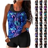 EMATOP Tankini Set für Frauen Sportliche Badeanzüge Sommer Zweiteiliger Oberteil mit Badeshorts Badeanzug Bauchweg Bikini Sets Bunte Blumen Drucke Bademode Swimsuit Elegant Bequem Beachwear