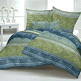 Traumschlaf kuschelig weiche Feinbiber Bettwäsche Indi grün im orientalischen Stil aus 100% Baumwolle mit Reißverschluss 135x200 cm + 80x80 cm