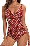 VILOREE Damen Monokini Bauchweg Schlankheits Badeanzug Plus Size Badebekleidung Bauchweg für Mollige Rot mit blätter Druck XL
