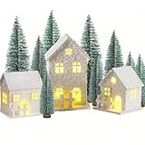 LUKIUP 3 Nackt Weihnachtsdorf mit 9 Sückt-10/15/20 cm Mini Weihnachtsbäume, Weihnachtshaus Beleuchtet, Weihnachtsdeko Holz LED, Weihnachtshaus Deko, Weihnachten