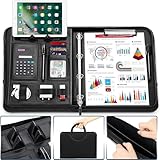 WONSEFOO Schreibmappe A4, mit Taschenrechner, Leder Ringbuch Dokumententasche, Große Fächern, Faltbaren Magnetgriffen, Tablet & Smartphone Halterung 5 Kartenfächer Notizblock Wasserdicht