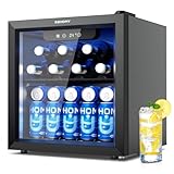 EUHOMY Getränkekühlschrank, Mini Kühlschrank mit Glastür, Bierkühler, Tisch-Getränkekühlschrank für 55 Dosen, Schwarz Freistehender Kühlschrank mit LED, 43dB, für Büro, Zimmer, Bar, 36L, Geräuscharm