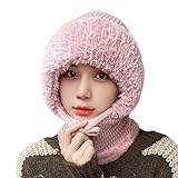 Women's Outdoors Windproof Scarf Hat, 3-in-1 hat and Scarf Set for Women, Knitted Hat Face Mask in Autumn and Winter (Pink)