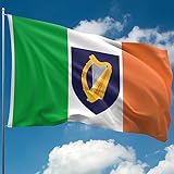 Irische Flagge – Irland-Flagge mit Wappen, Harfe – dreifarbige Flagge – doppelseitiger Digitaldruck – 110 Den dickes Polyester – doppelte Naht – 2 Messingösen, groß 1,5 m x 0,9 m