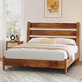 LUXOAK Massivholzbett 140x200 cm mit geneigtem Latten-Kopfteil, Mid-Century Design, stabile Holzlatten, kein Boxspring nötig, geräuschfrei – Gelbbraun