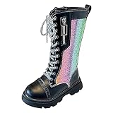 rismart Mädchen Kniehohe Reitstiefel Glitter Mode Seitenreißverschluss Runde Zehe Party Kleid Schuhe Schwarz, 28 EU
