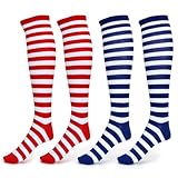 Meleager Ringelsocken Kniestrümpfe, 2 Paar Gestreifte Socken, Ringelsocken Rot Weiß, Blau Weiß für Damen(36-41), Ringelstrümpfe für Fasching, Karneval, Schlafanzugparty, Mottopartys