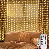300LED lichtervorhang USB,3mx3m lichterketten Vorhang mit Fernbedienung Timer Wasserdichte LED Lichterkette mit Haken für Hochzeit Weihnachten Innen und außen Deko (Warmweiß)