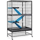 Yaheetech Kleintierkäfig, Metallkäfig für kleine Haustiere, Kaninchenstall mit 4 Räder, Käfig mit 2 abnehmbaren Rampen & Plattformen