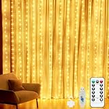 Lichtervorhang Innen LED Lichterkette Vorhang Außen 3x3m 300LEDs Weihnachtsdeko mit Fernbedienung Timer,8 Modi,IP65 Wasserdicht USB Fairy Lights für Weihnachten Fenster/Party/Zimmer/Balkon-Warmweiß