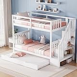 Etagenbett 90x200 mit Ausziehbett und Treppe, Kinderbett Hochbett für 3 Kinder, Jugendbett mit lattenrost und Rausfallschutz, Stockbett Funktionsbett, ohne Matratze (weiß mit Ausziehbett, 90x200)