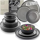 SÄNGER Sydney | Steingut Geschirr Set 18 tlg, Teller Set 6 Personen, Geschirrset 6x Speiseteller 6x Müslischalen 6x Dessertteller, Tafelservice dunkel grau kratzfest, Essgeschirr | VALUE COLLECTION