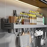 VFDC Gewürzregal Wand, Gewürzregale Ohne Bohren, Gewürzhalter aus Metall, Gewürz Organizer mit Haken und 2 Besteckkorb, Küchenregal Hängend mit Handtuchhalter und Messerblock, Grau, 80cm