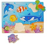 alles-meine.de GmbH Steckpuzzle aus Holz - 7 Teile - Fische - mit Griff - große Holzpuzzle - Motorikspiel - Motorik - Puzzle - Rahmenpuzzle für Kinder/Mädchen Jungen - Lege..