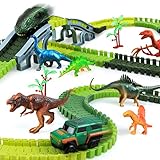 kizplays 251 pcs Dinosaurier Spielzeug Autorennbahn Rennbahn,6 Dinosaurier-Modell, 2 Spielzeugautos Autobahn ab 3 4 5 6 Jahre Junge Mädchen,Elektroauto Cars für Kinder Geschenk