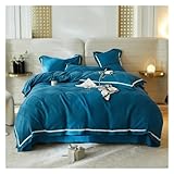 Geometrisches Bettbezug-Set Mit Baumwollwaffelstruktur, Doppel-, Queen- Und King-Size-Größe, 4-Teilig, Weiche, Atmungsaktive Bettwäsche-Sets, Bettlaken, Kissenbezüge, Ganzjahres-Bettdecke, Blaues Fla